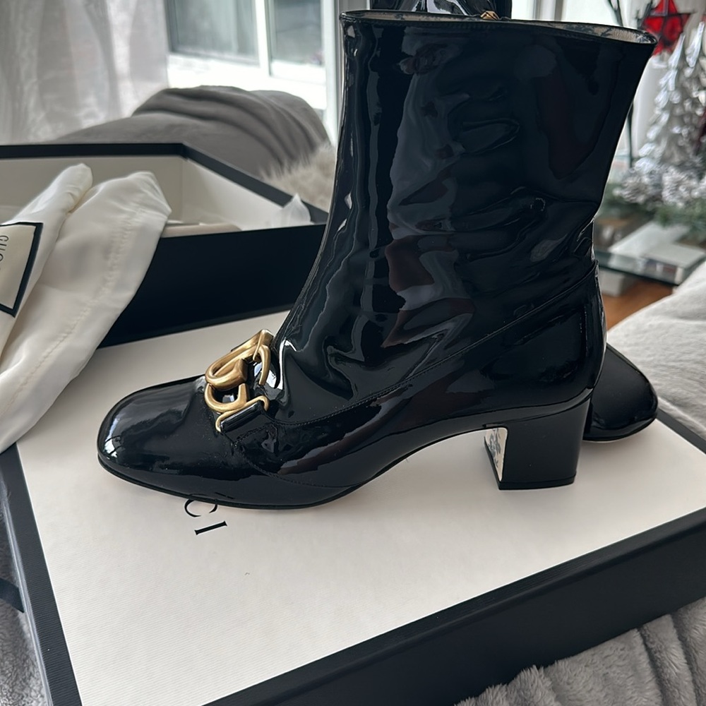 GUCCI 100% authentic,Bootie Leather Vitello Vernice, soft Nero Marmont, GG NWT - Picture 6 of 16